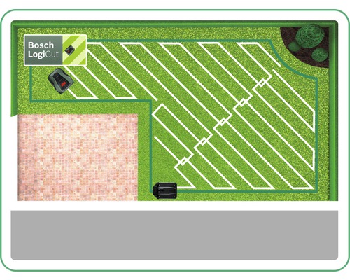 Darstellung eines Gartens mit Rasenroboter beim Mähen in Bahnen