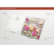 Glasbild mit Blumenmotiv auf Holzoptik, inklusive Aufhängung und Abstandshalter