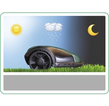 Rasenmähroboter mit Symbolen für Sonne, Regen und Mond für den Tag- und Nachteinsatz