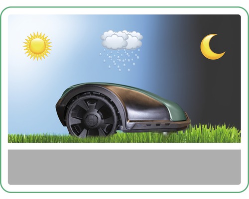 Rasenmähroboter mit Symbolen für Sonne, Regen und Mond für den Tag- und Nachteinsatz