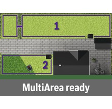 Draufsicht auf einen Garten mit Rasenroboter, der auf mehreren Flächen einsetzbar ist