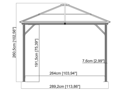 Technische Zeichnung eines Pavillons mit Maßangaben