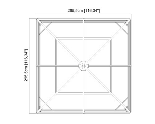 Draufsicht einer Pavillonkonstruktion mit Abmessungen 295,5 cm