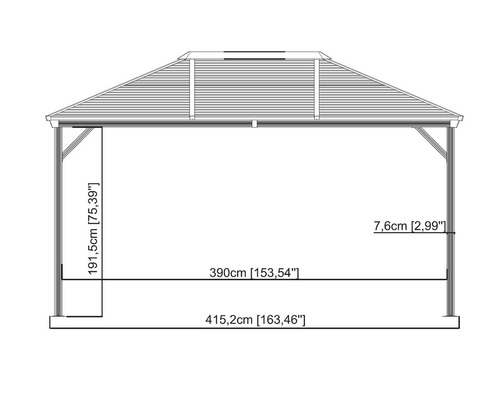Technische Zeichnung eines Pavillons mit Maßangaben.
