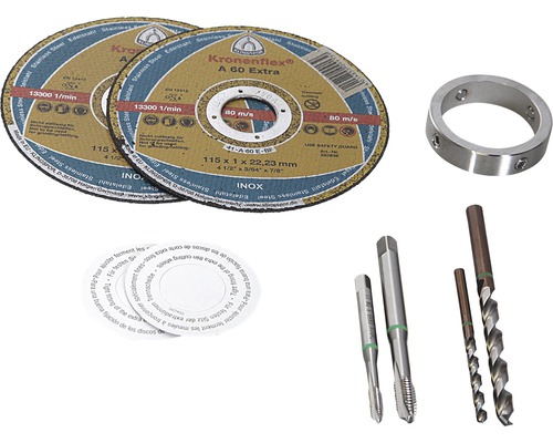 Kronenflex Trennscheiben, Metallring, Gewindebohrer und Spiralbohrer.