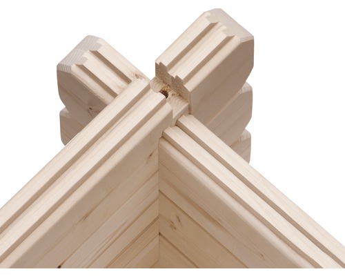 Eckverbindung eines Blockbohlenhauses aus Holz