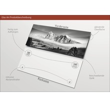 Glasbild mit Berglandschaft, glänzender Oberfläche, inklusive Abstandshalter zur schwebenden Optik und Aufhängevorrichtung