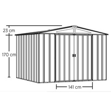 Abmessungen eines Gerätehauses: 141 cm breit, 170 cm hoch und 23 cm Dachhöhe.