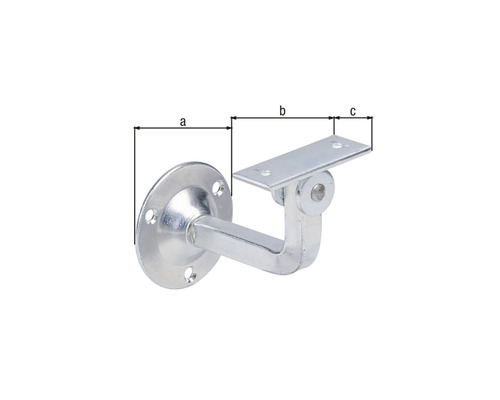Geländerhalterung aus Metall mit runder Montageplatte und Maßangaben