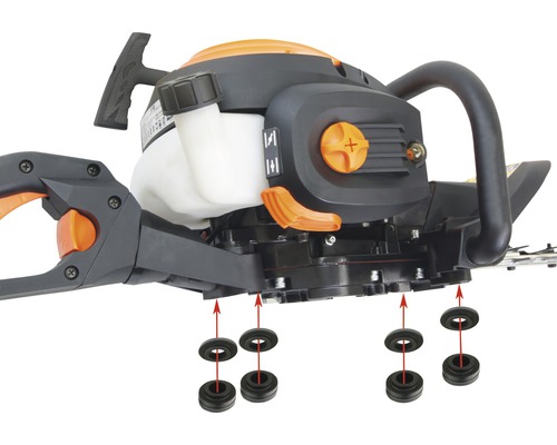 Detailaufnahme einer Heckenschere mit Gummipuffern