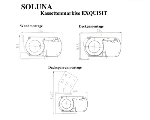 Technische Zeichnung einer Soluna Kassettenmarkise Exquisit mit Wand-, Decken- und Dachsparrenmontage