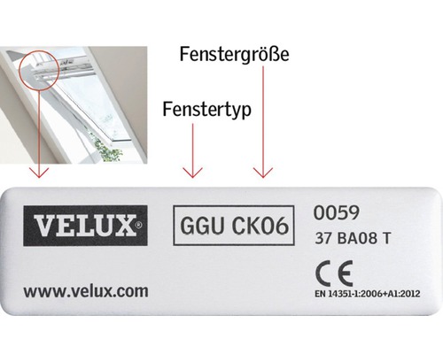 VELUX Verdunkelungsrollo dunkelbraun solarbetrieben DSL SK10 4559S Abbildung eines Velux Dachfenster Typenschilds mit den Angaben Fenstergröße und Fenstertyp.