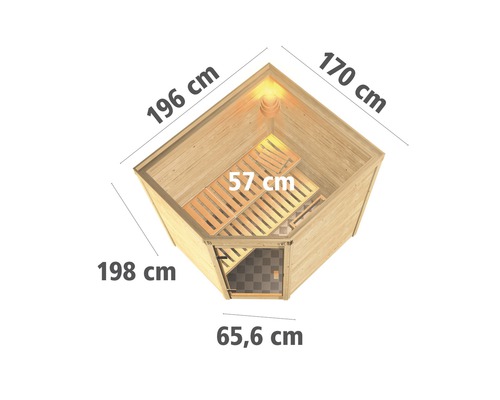 Draufsicht einer Holzsauna mit Maßangaben