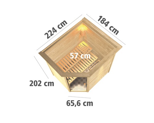 Ecksauna mit den Maßen 224 cm, 184 cm, 202 cm, 65,6 cm und 57 cm.