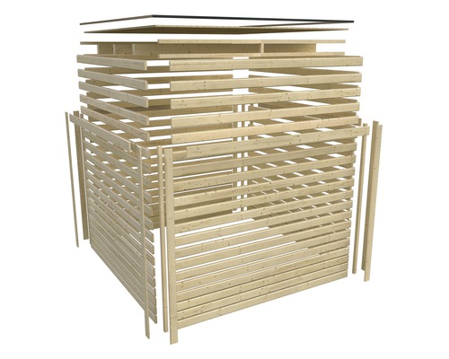 Explosionszeichnung eines Gartenhauses aus Holz