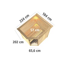 Abmessungen einer Ecksauna: 224 cm x 184 cm, Höhe 202 cm, Stellmaß 65,6 cm, Sitzfläche 57 cm.