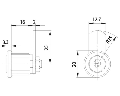 Technische Zeichnung eines Schrankschlosses mit Maßangaben