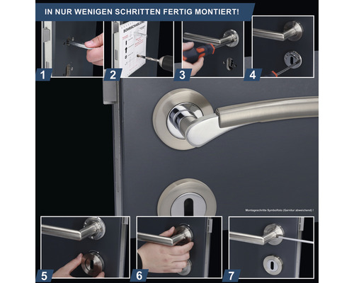 Montageanleitung für eine Türgarnitur mit einzelnen Schritten zur Installation