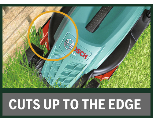 Bosch Logo auf Rasenmäher, der bis zum Rand schneidet