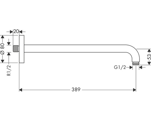 Technische Zeichnung eines Wandauslaufs mit Maßangaben
