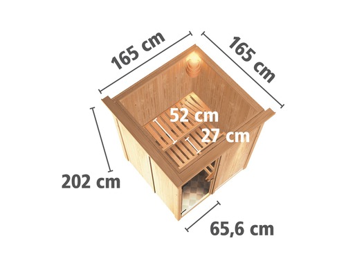 Plug & Play Sauna Karibu Achat I inkl. 3,6 kW Ofen u.integr.Steuerung mit Dachkranz und graphitfarbiger Ganzglastüre