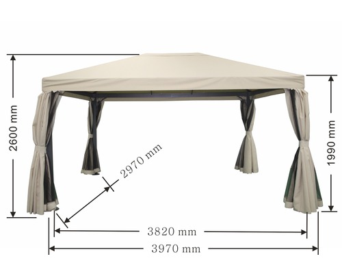 Pavillon mit Vorhängen und Maßangaben