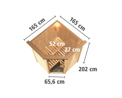 Plug & Play Sauna Karibu Achat II inkl. 3,6 kW Ofen u.integr.Steuerung mit Dachkranz und Holztüre aus Isolierglas wärmegedämmt