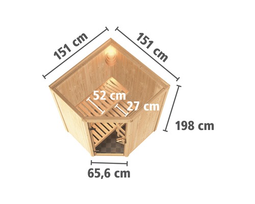 Draufsicht einer Ecksauna mit den Maßen 151 cm mal 151 cm mal 198 cm und einer Türbreite von 65,6 cm.