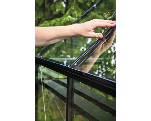 Detailansicht eines Gewächshauses mit Hand, die ein Fenster öffnet