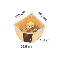 Ecksauna mit Maßen, Innenansicht mit Bänken und Lampe
