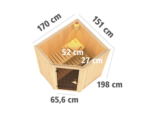 Ecksauna mit Maßen: 170 cm, 151 cm, 198 cm, 65,6 cm, 52 cm und 27 cm