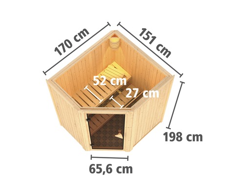 Innensauna mit den Massen 170 mal 151 mal 198 Zentimeter mit zwei Bänken von 52 und 27 Zentimeter Breite