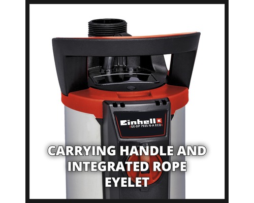 Einhell Logo. Tragegriff und integrierte Seilöse einer Tauchpumpe.