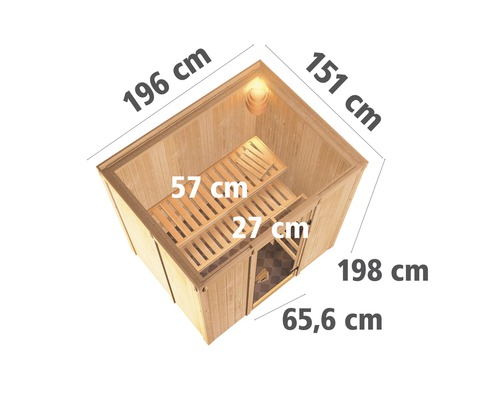 Innenansicht einer Sauna mit den Maßen 196 mal 151 mal 198 Zentimeter