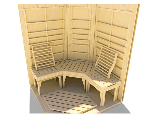 Holzsauna Innenausstattung mit Bänken und Regalen