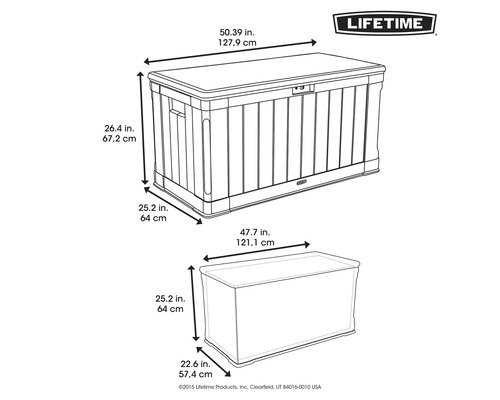 Abbildung einer Aufbewahrungsbox mit Maßangaben und Lifetime Logo.