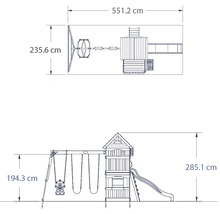 Abmessungen eines Spielplatzes mit Schaukel, Rutsche und Spielturm.