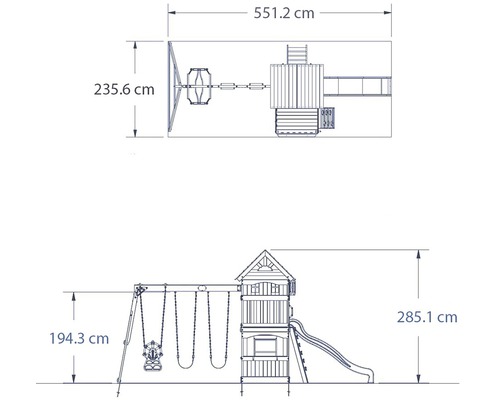 Abmessungen eines Spielplatzes mit Schaukel, Rutsche und Spielturm.