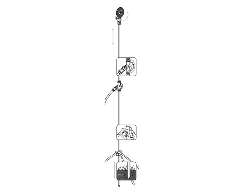 Illustration eines Rasensprengers mit Stativ und Anweisungen zur Installation und Anpassung.