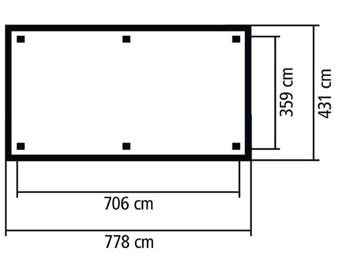 Technische Zeichnung einer rechteckigen Terrassenüberdachung mit den Maßen 359 Zentimeter mal 706 Zentimeter.