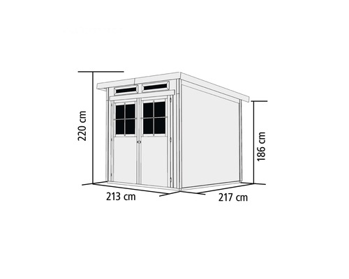 Abbildung eines Gartenhauses mit Maßangaben
