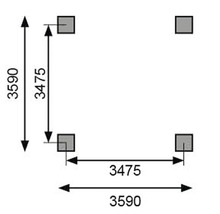 Abmessungen der Fundamente: 3590 mal 3590 Millimeter Außenmaß, 3475 mal 3475 Millimeter Innenmaß.