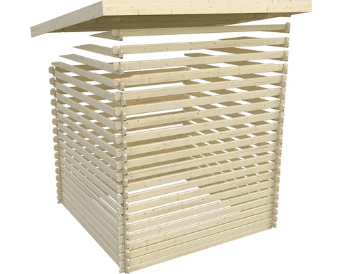 Explosionsdarstellung eines Holzgartenhauses mit Flachdach