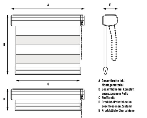 Technische Zeichnung eines Rollos mit Breiten- und Höhenangaben