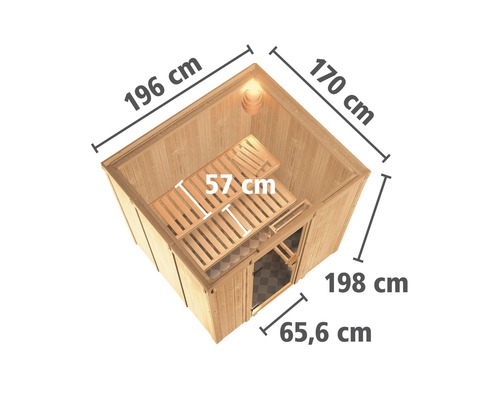 Sauna mit den Maßen 196 cm mal 170 cm mal 198 cm