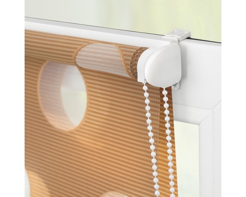 Rollo mit Streifenmuster und Kreisen am Fenster