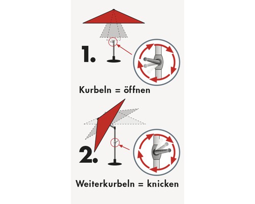 Anleitung zum Öffnen und Neigen eines Sonnenschirms mittels Kurbelmechanismus