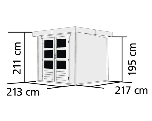 Illustration eines Gartenhauses mit den Maßen 211 x 213 x 217 x 195 Zentimeter.
