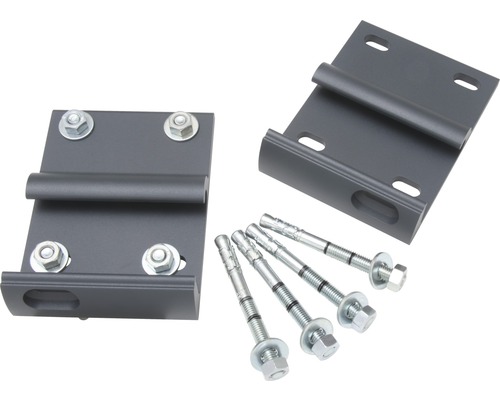 Zwei Gerätehalterungen aus Metall mit Befestigungsmaterial