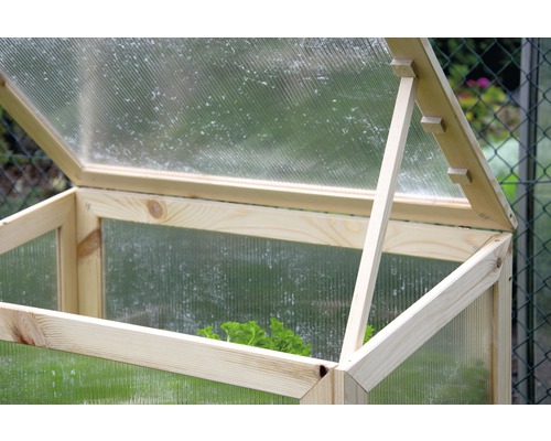 Nahaufnahme eines Frühbeets aus Holz und Kunststoff mit geöffnetem Deckel